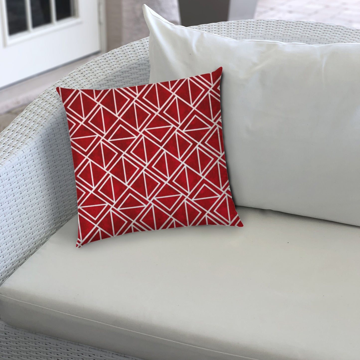 14" X 20" Red And White Blown Seam Geometric Lumbar Indoor Outdoor Pillow