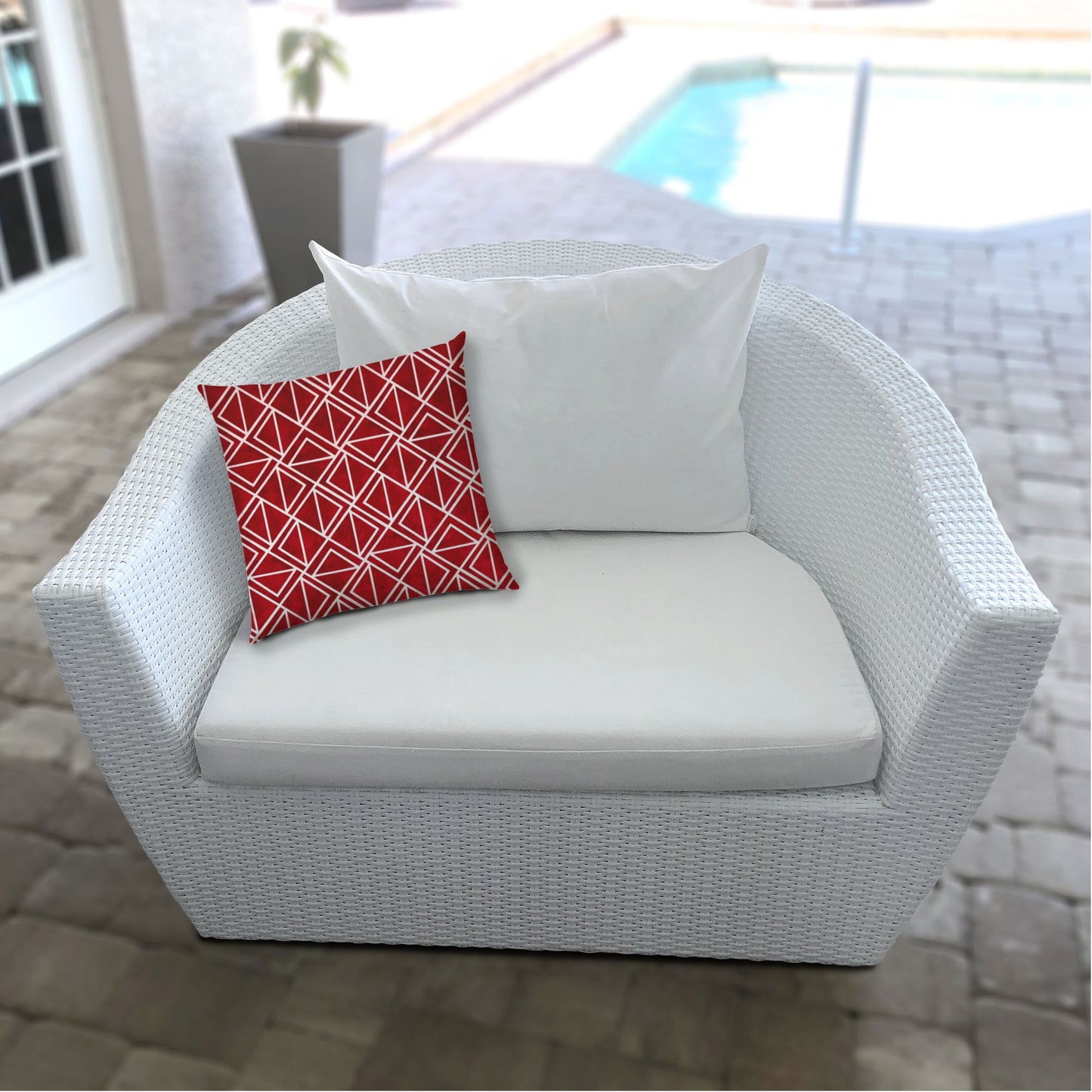 14" X 20" Red And White Blown Seam Geometric Lumbar Indoor Outdoor Pillow