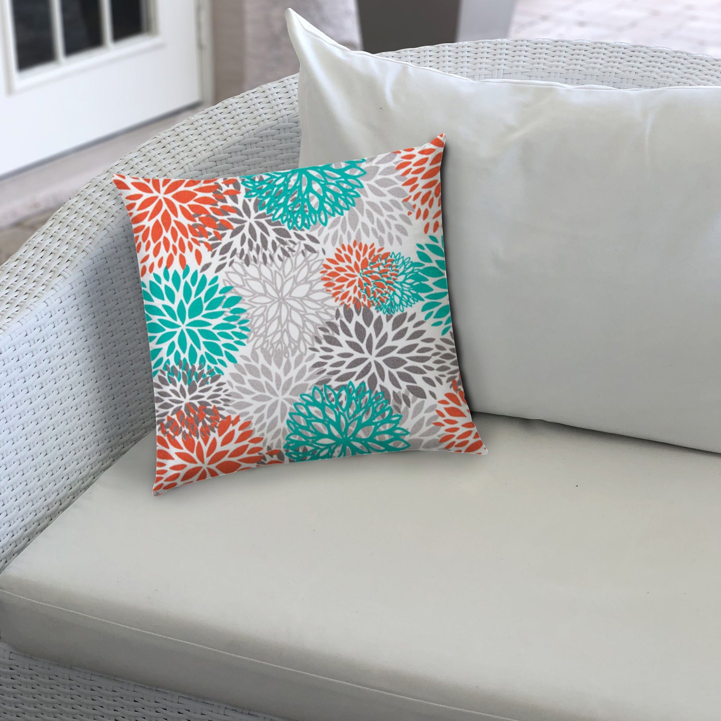 17" X 17" Orange And White Blown Seam Floral Lumbar Indoor Outdoor Pillow
