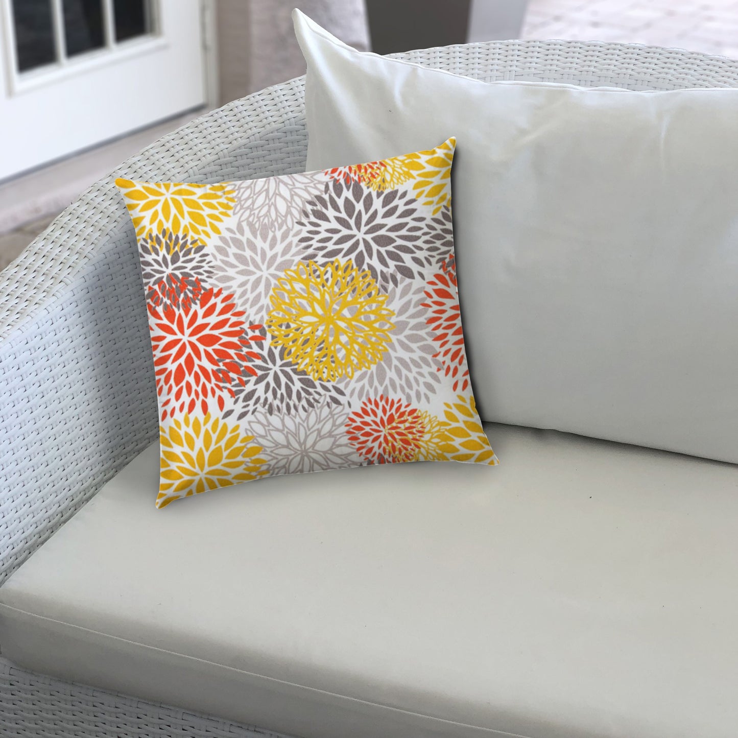 17" X 17" Gray And White Blown Seam Floral Lumbar Indoor Outdoor Pillow