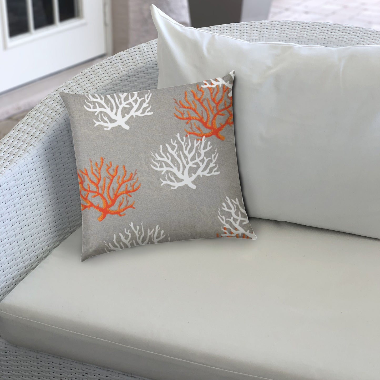 17" X 17" Gray And White Corals Blown Seam Coastal Lumbar Indoor Outdoor Pillow
