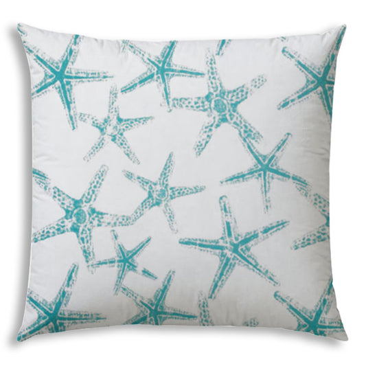 17" X 17" Turquoise And White Starfish Blown Seam Coastal Lumbar Indoor Outdoor Pillow
