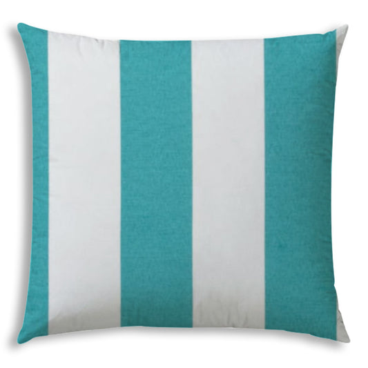 17" X 17" Turquoise And White Blown Seam Striped Lumbar Indoor Outdoor Pillow