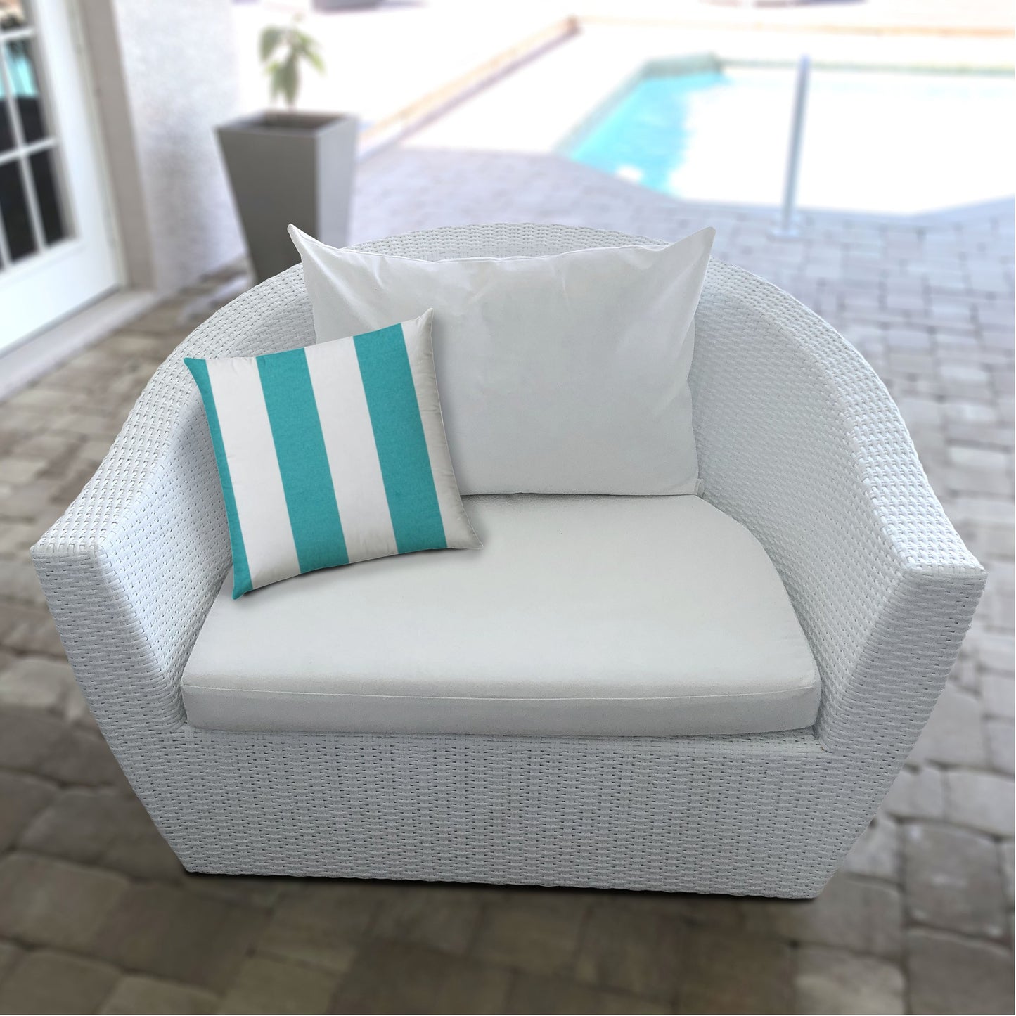 17" X 17" Turquoise And White Blown Seam Striped Lumbar Indoor Outdoor Pillow
