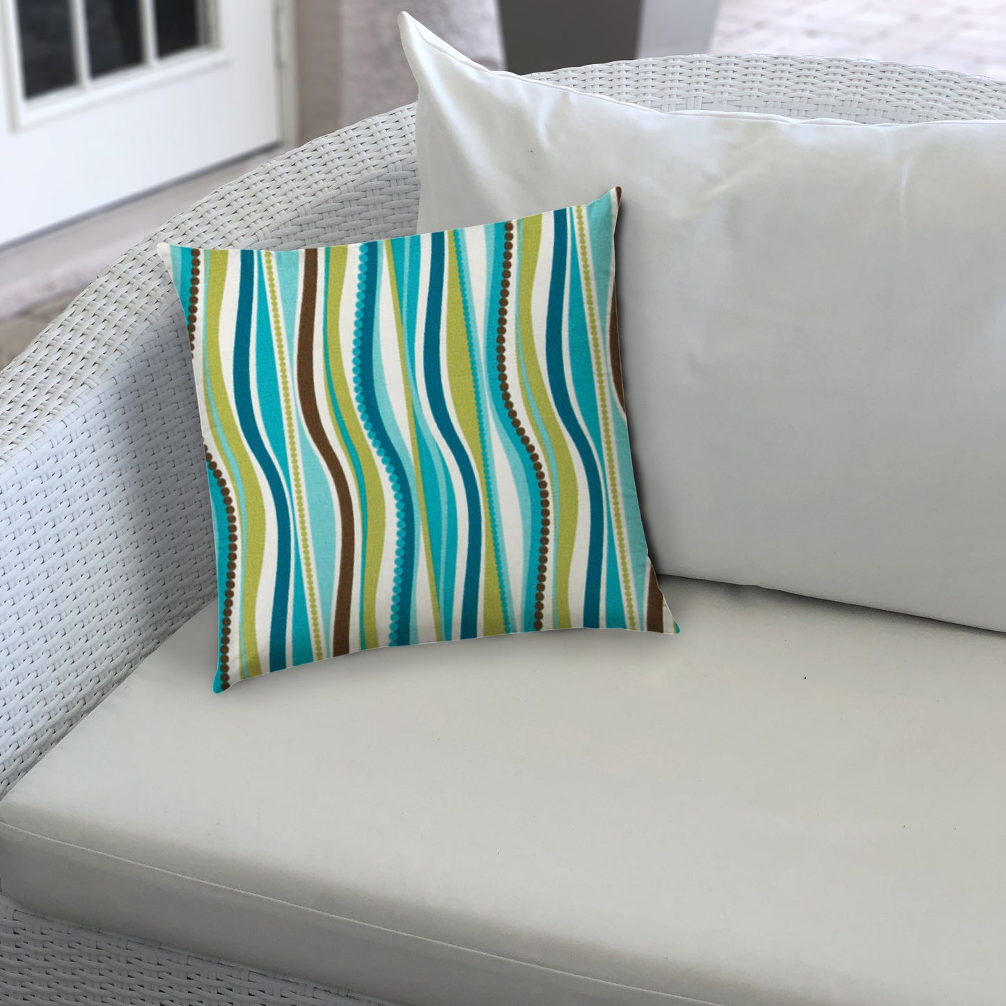 17" X 17" Aqua And Olive Blown Seam Striped Lumbar Indoor Outdoor Pillow