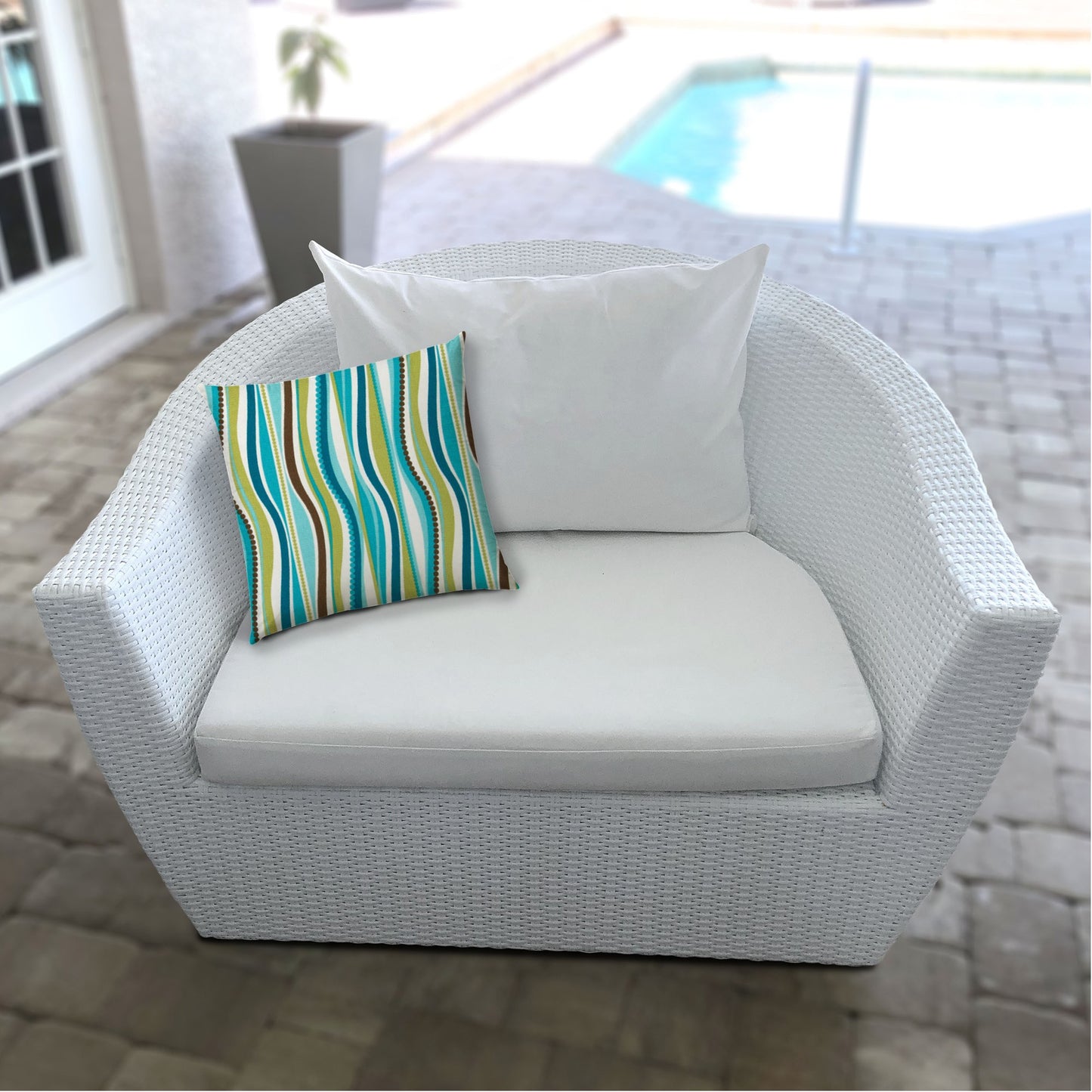 17" X 17" Aqua And Olive Blown Seam Striped Lumbar Indoor Outdoor Pillow