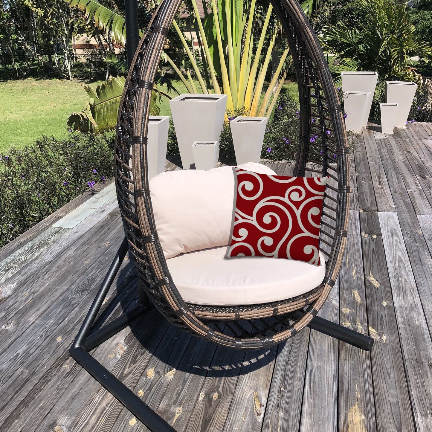 17" X 17" Red And White Blown Seam Swirl Lumbar Indoor Outdoor Pillow