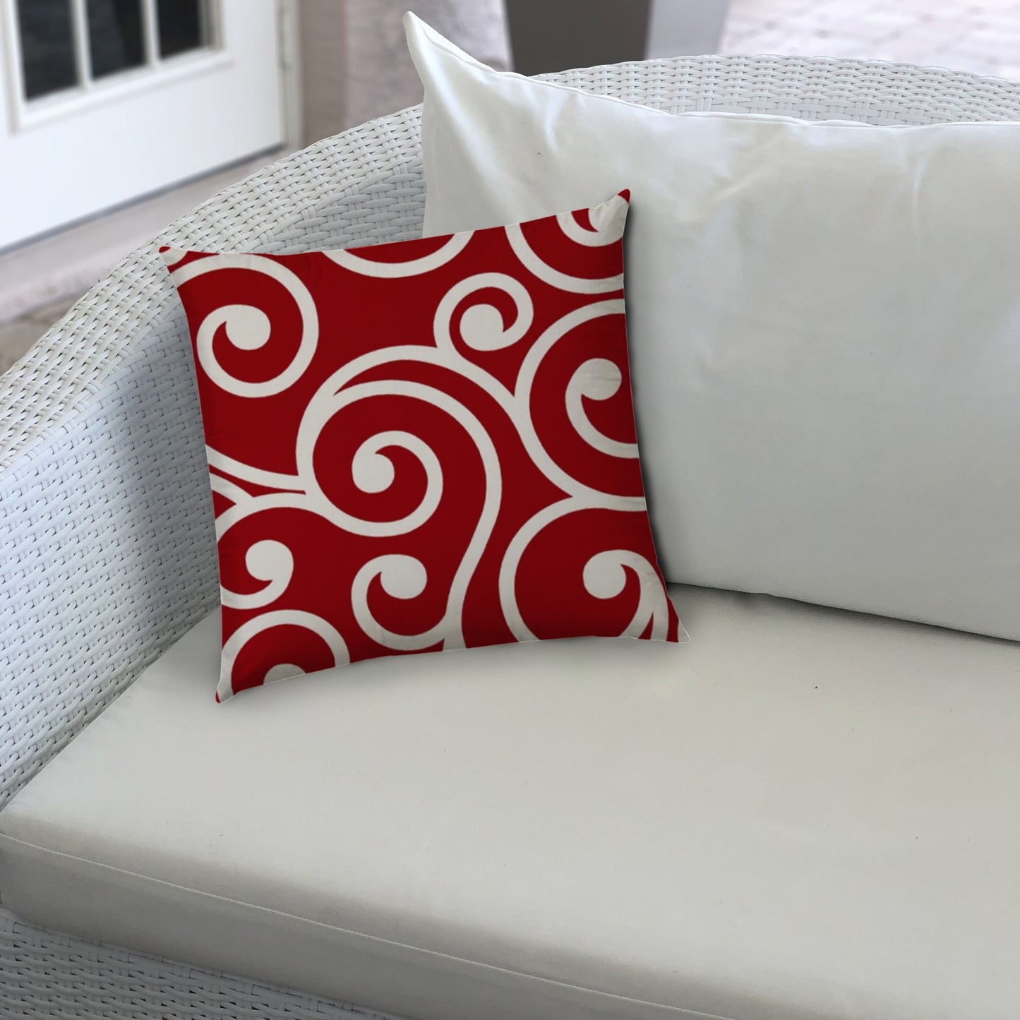 17" X 17" Red And White Blown Seam Swirl Lumbar Indoor Outdoor Pillow