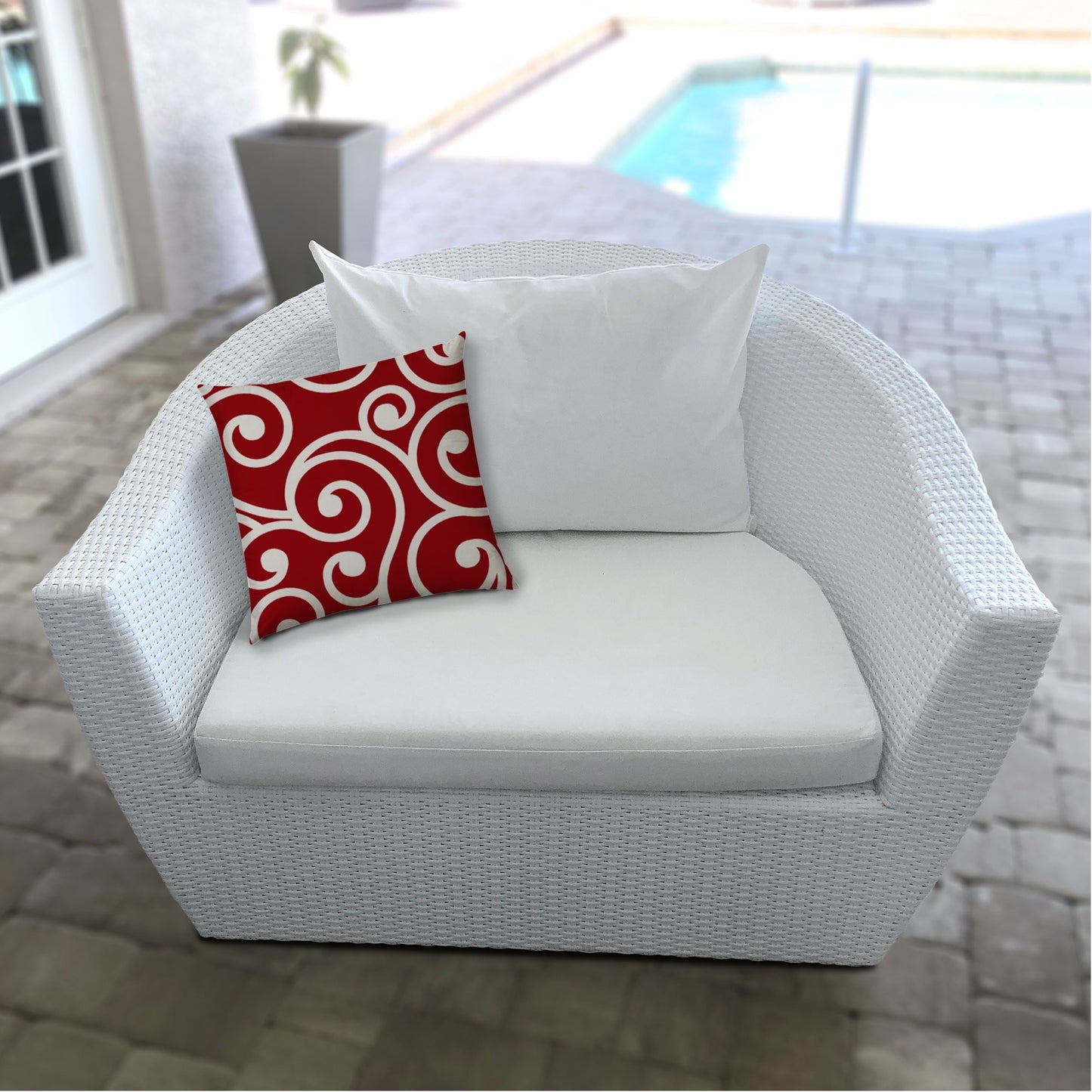 17" X 17" Red And White Blown Seam Swirl Lumbar Indoor Outdoor Pillow