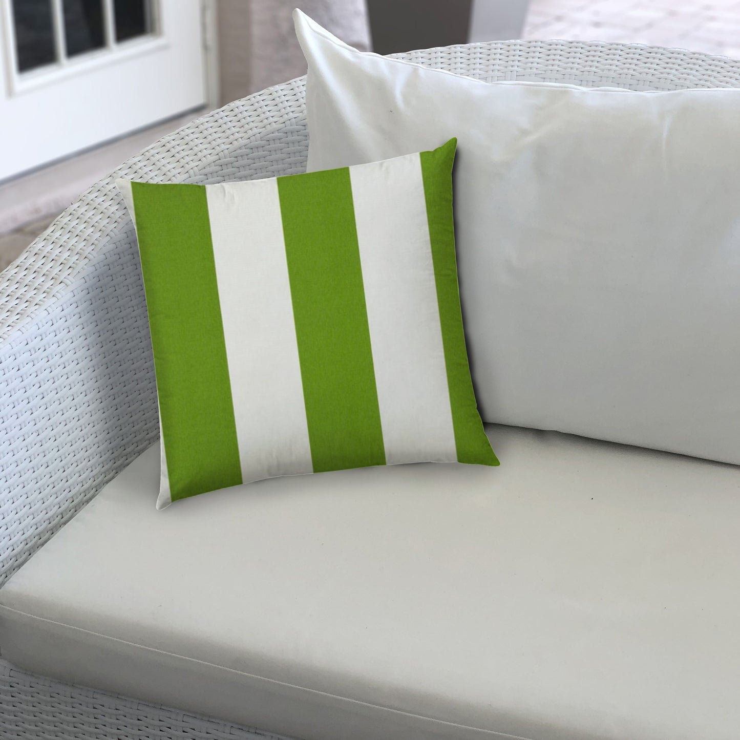 17" X 17" Green And Ivory Blown Seam Striped Lumbar Indoor Outdoor Pillow