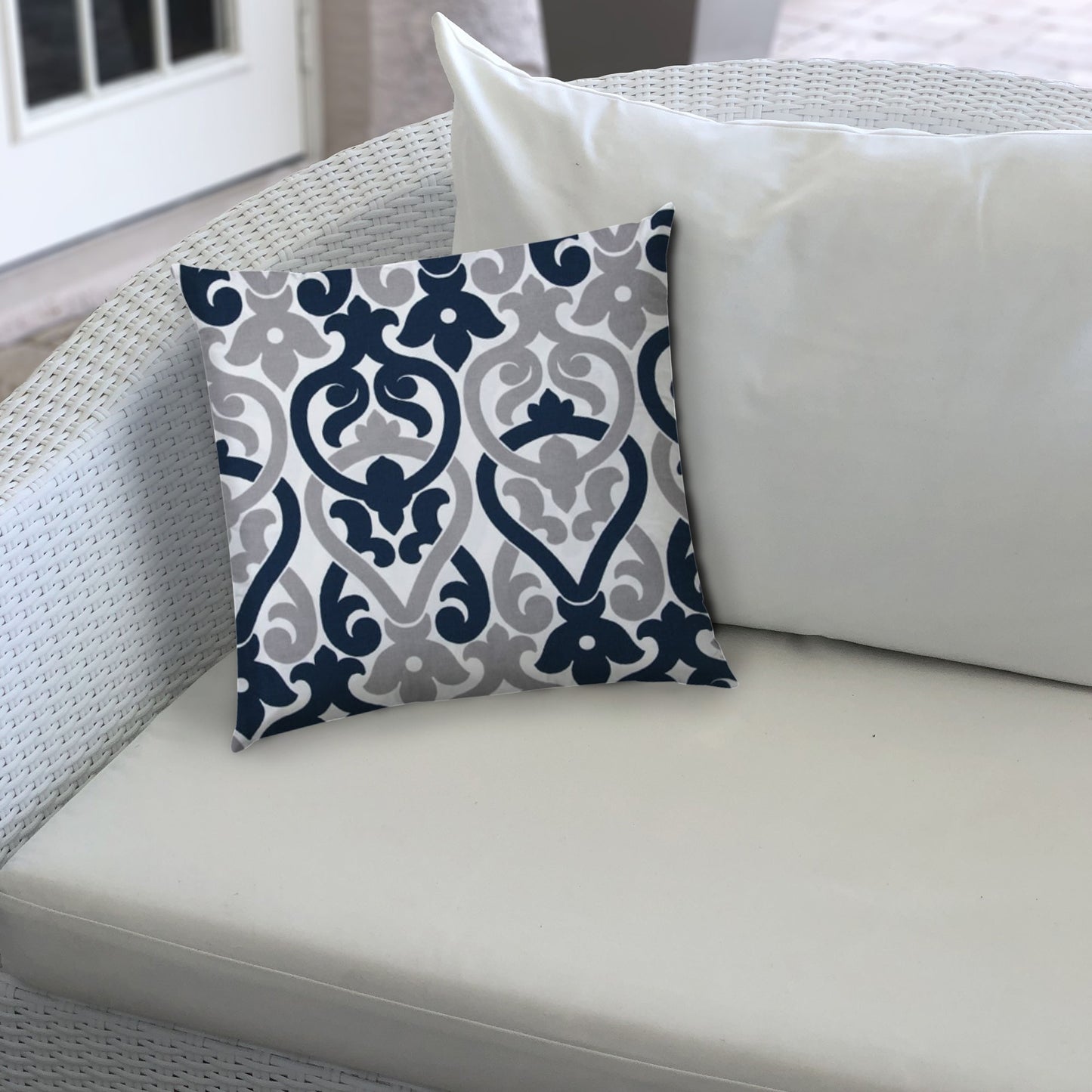 17" X 17" Navy Blue And White Blown Seam Trellis Lumbar Indoor Outdoor Pillow