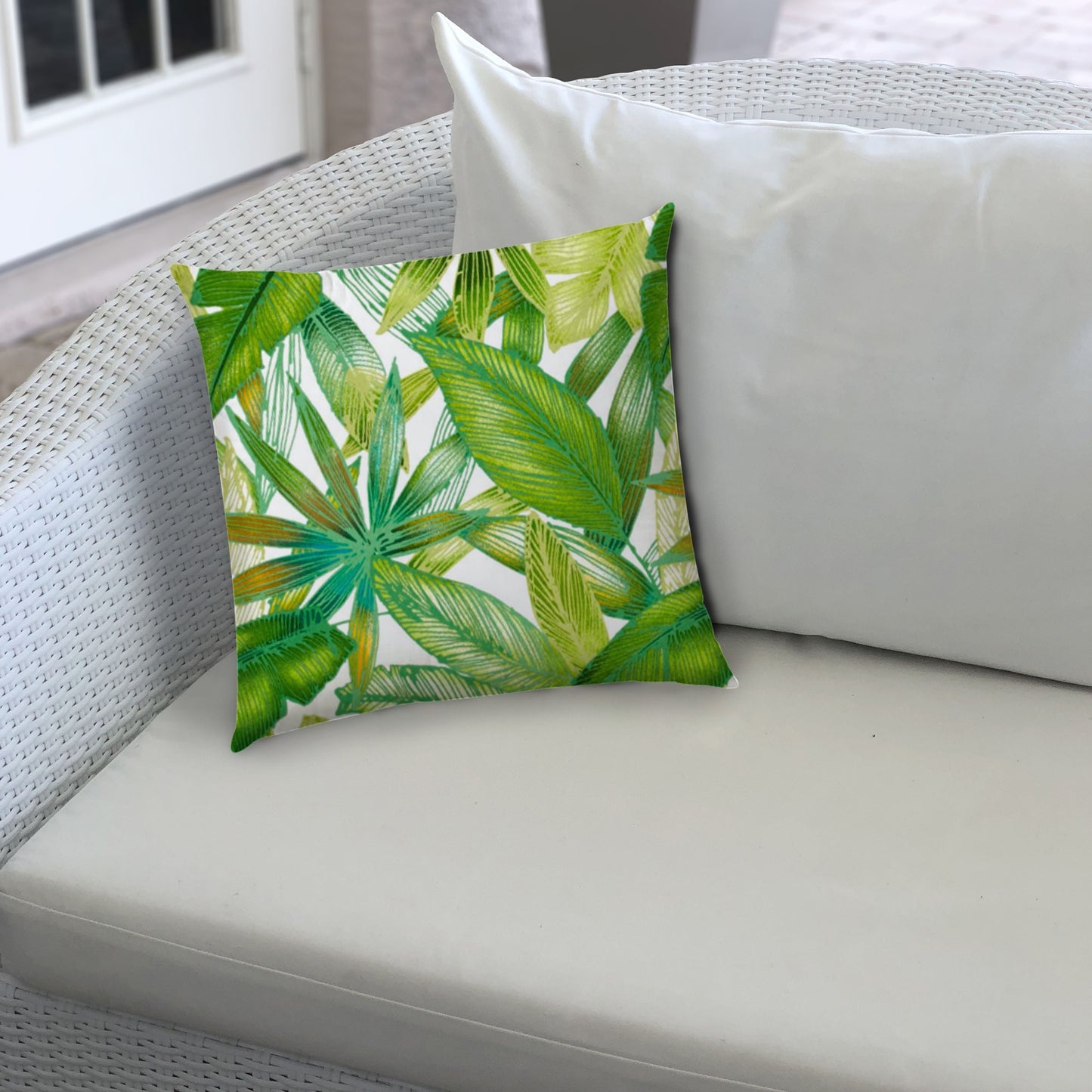 17" X 17" Teal And White Blown Seam Tropical Lumbar Indoor Outdoor Pillow