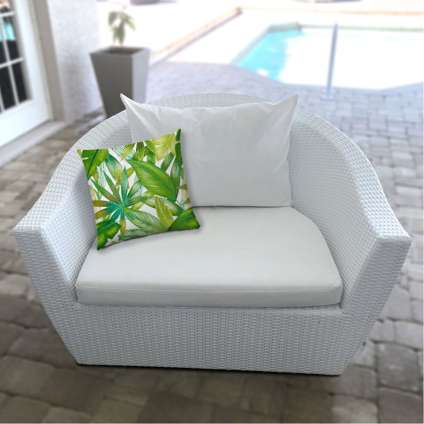 17" X 17" Teal And White Blown Seam Tropical Lumbar Indoor Outdoor Pillow