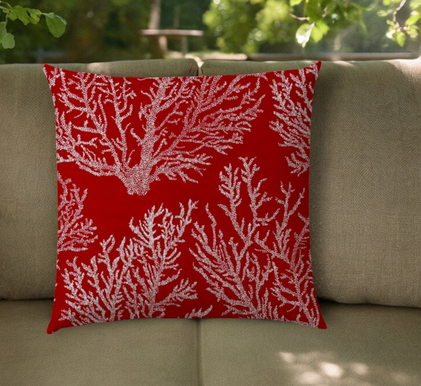 17" Red and White Coastal Coral Indoor Outdoor Throw Pillow