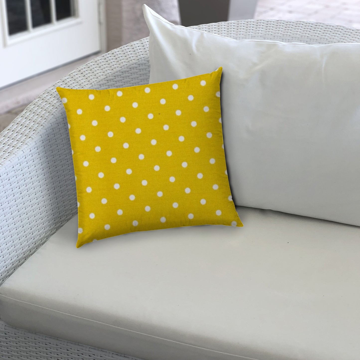 17" X 17" White And Yellow Blown Seam Polka Dots Lumbar Indoor Outdoor Pillow