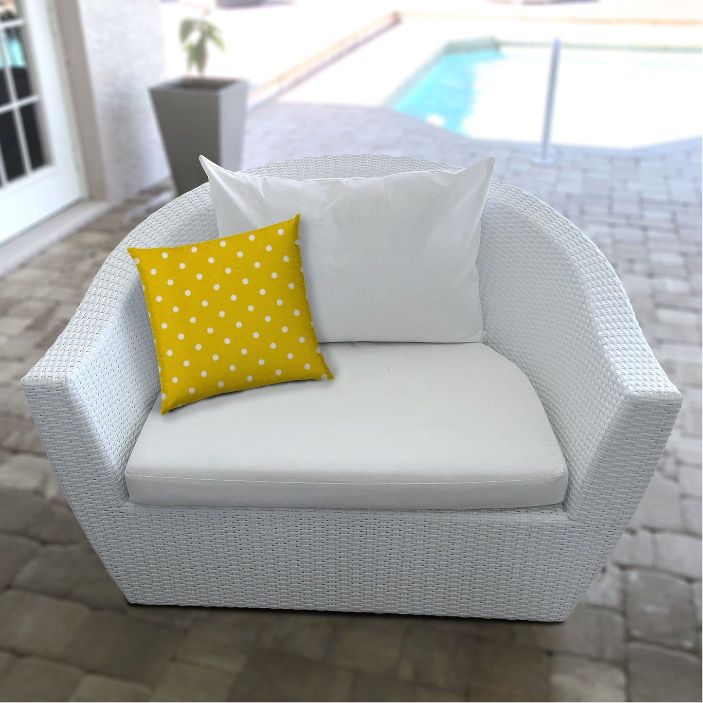 17" X 17" White And Yellow Blown Seam Polka Dots Lumbar Indoor Outdoor Pillow