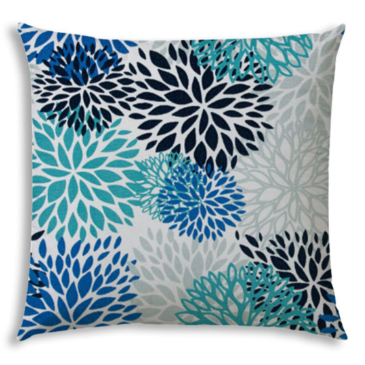 17" Aqua and White Floral Indoor Outdoor Throw Pillow