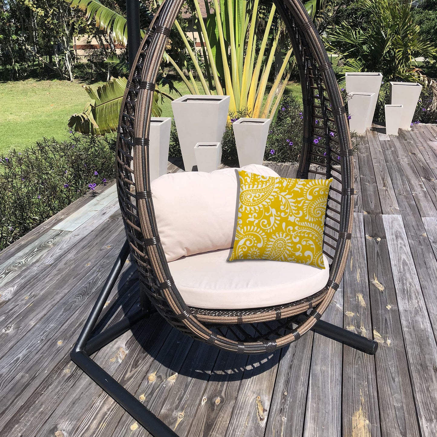 17" Yellow and White Paisley Indoor Outdoor Throw Pillow