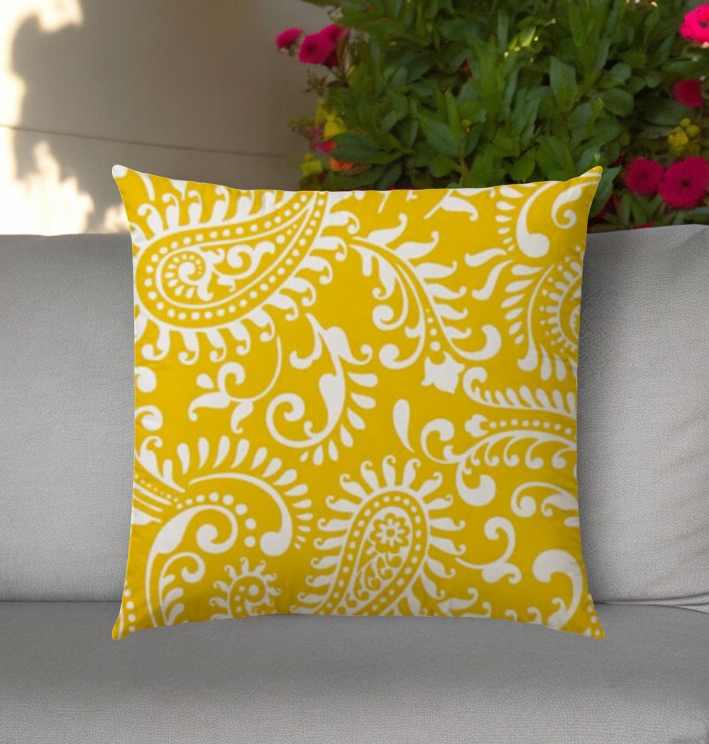 17" Yellow and White Paisley Indoor Outdoor Throw Pillow
