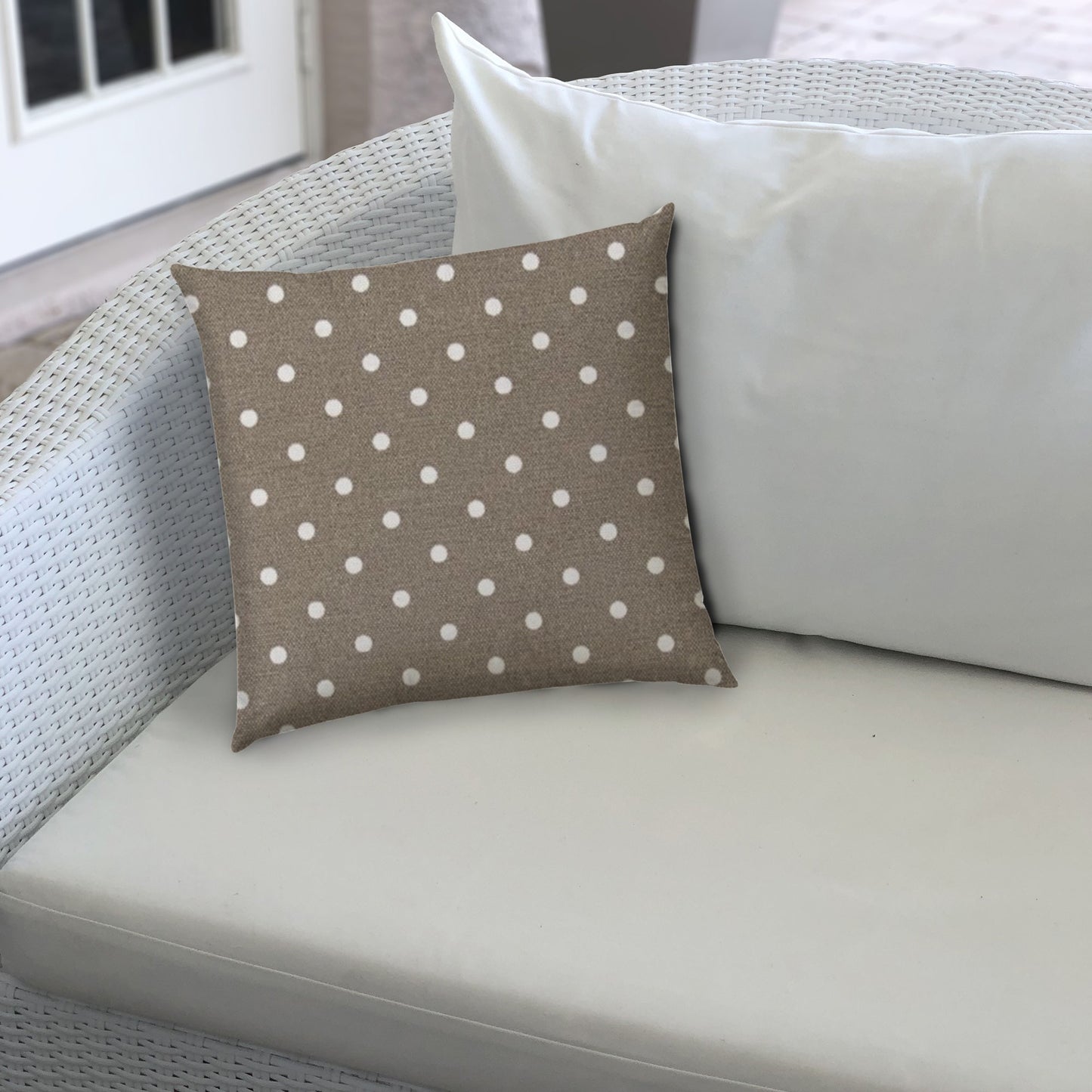 17" Taupe and White Polka Dots Indoor Outdoor Throw Pillow