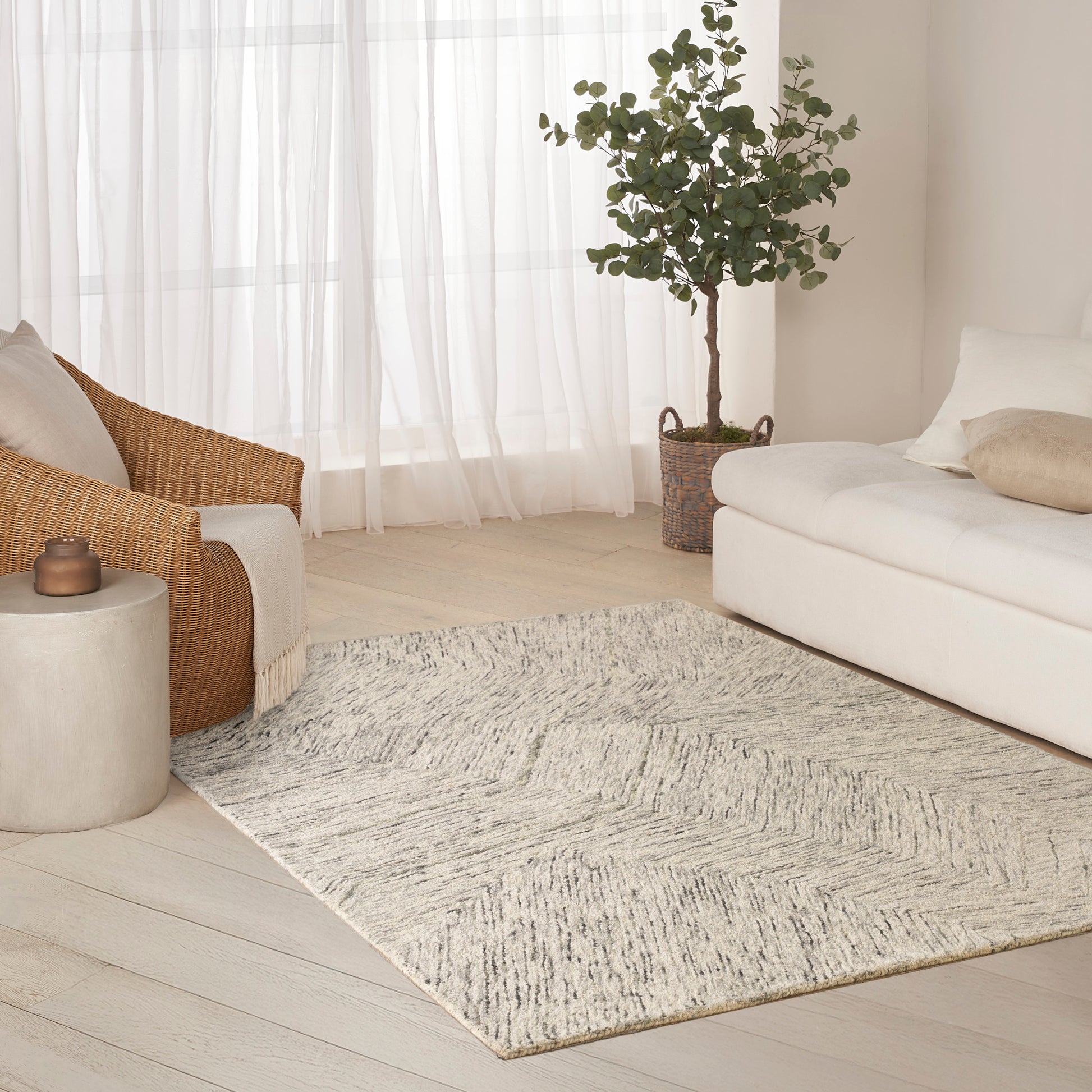 Neutral living room with a textured gray-beige area rug, white sofa, rattan chair, potted plant, and sheer curtains.