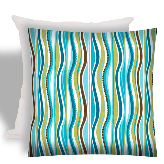 17" X 17" Aqua And Olive Zippered Striped Throw Indoor Outdoor Pillow