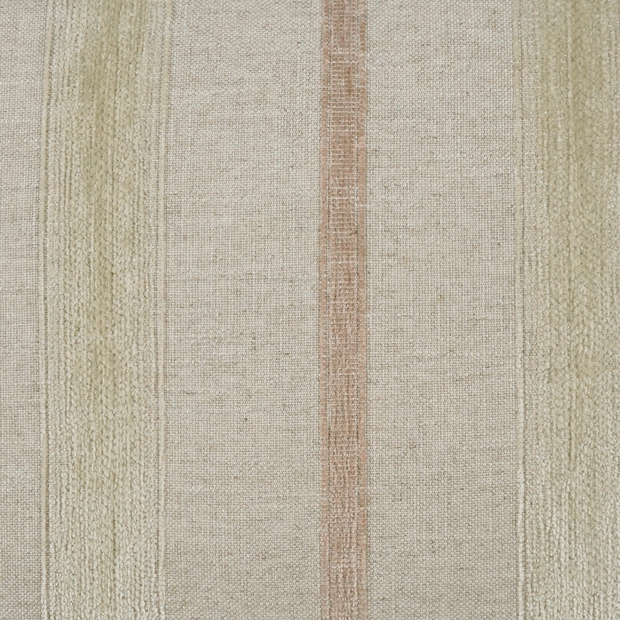 Beige textured woven fabric with vertical olive green and tan stripes; versatile upholstery or curtain material.