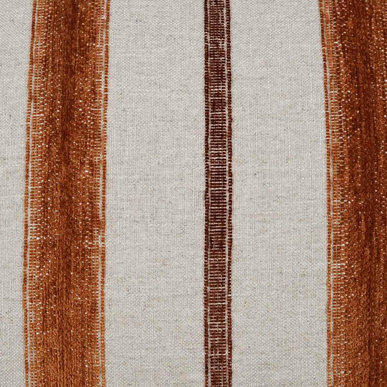 Beige woven fabric with rust-orange vertical borders and a slim dark brown center stripe; textured upholstery.