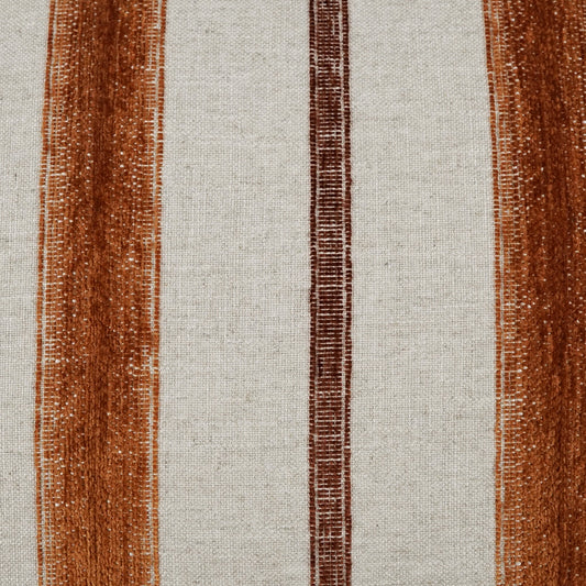 Beige woven fabric with rust-orange vertical borders and a slim dark brown center stripe; textured upholstery.