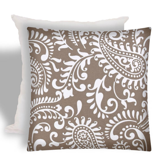 17" X 17" Taupe And White Zippered Paisley Throw Indoor Outdoor Pillow