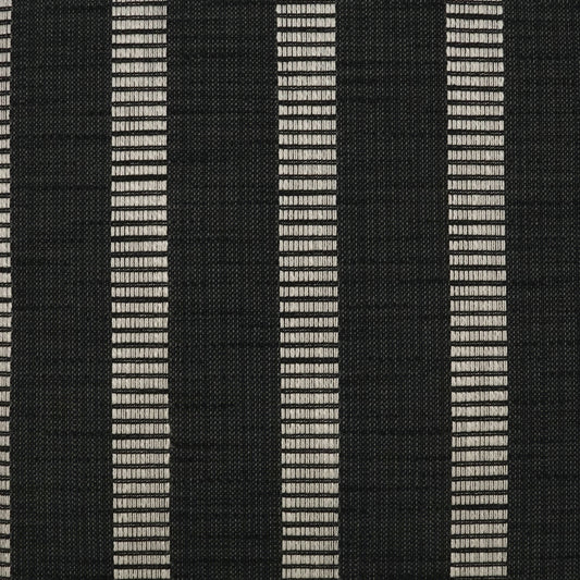 Black woven fabric with narrow light-gray vertical stripes; textured striped textile for apparel or upholstery.