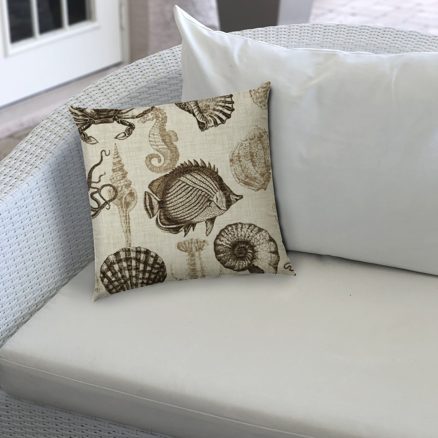20" X 20" Brown And Natural Brown Fish Blown Seam Coastal Throw Indoor Outdoor Pillow