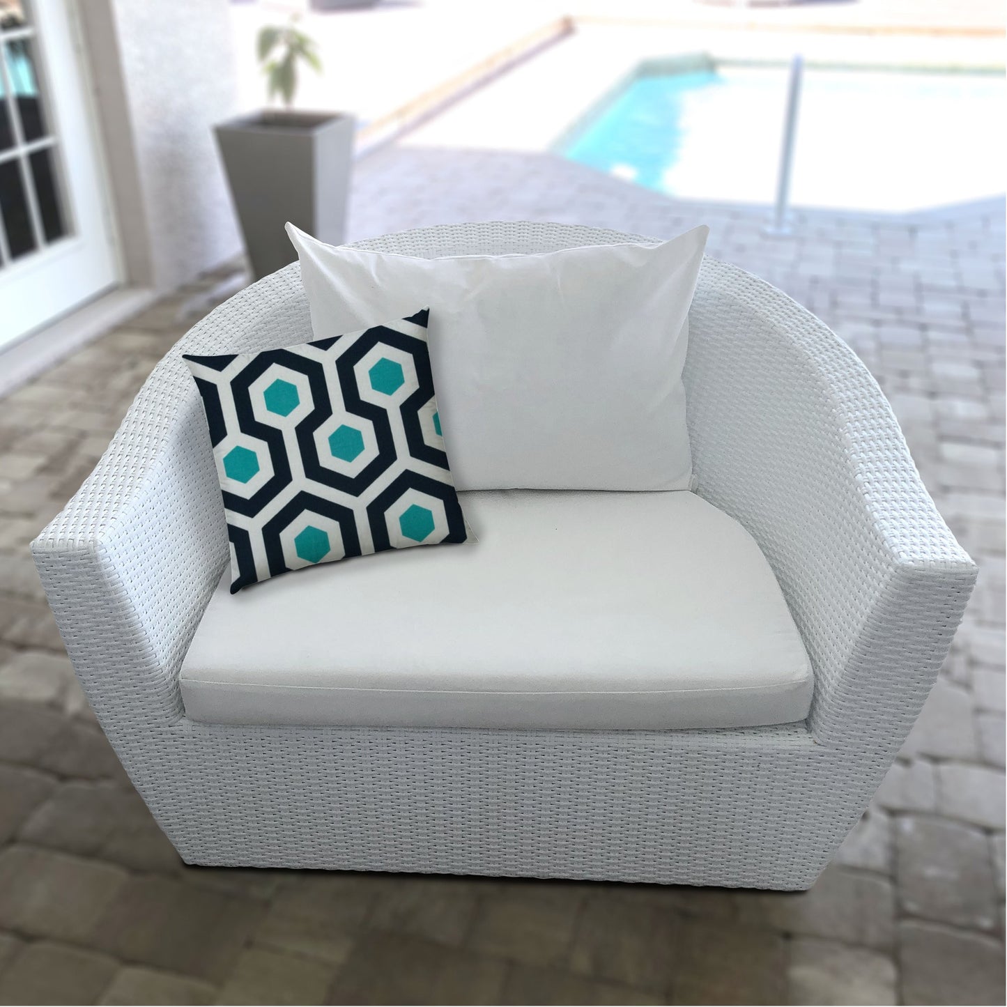 20" X 20" White And Aqua Blown Seam Trellis Throw Indoor Outdoor Pillow