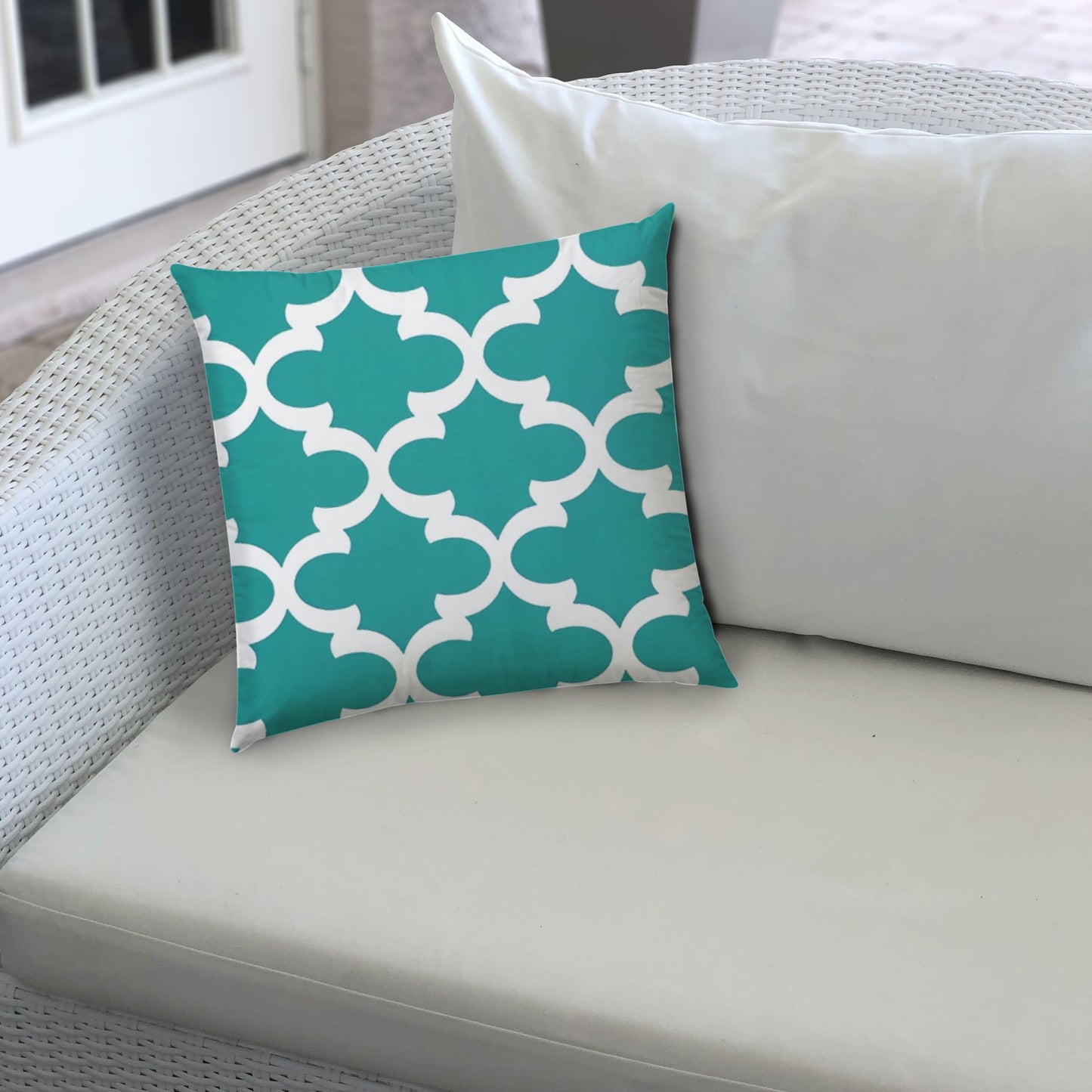 20" X 20" Turquoise And White Blown Seam Quatrefoil Throw Indoor Outdoor Pillow