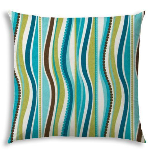 20" X 20" Aqua And Olive Blown Seam Striped Throw Indoor Outdoor Pillow