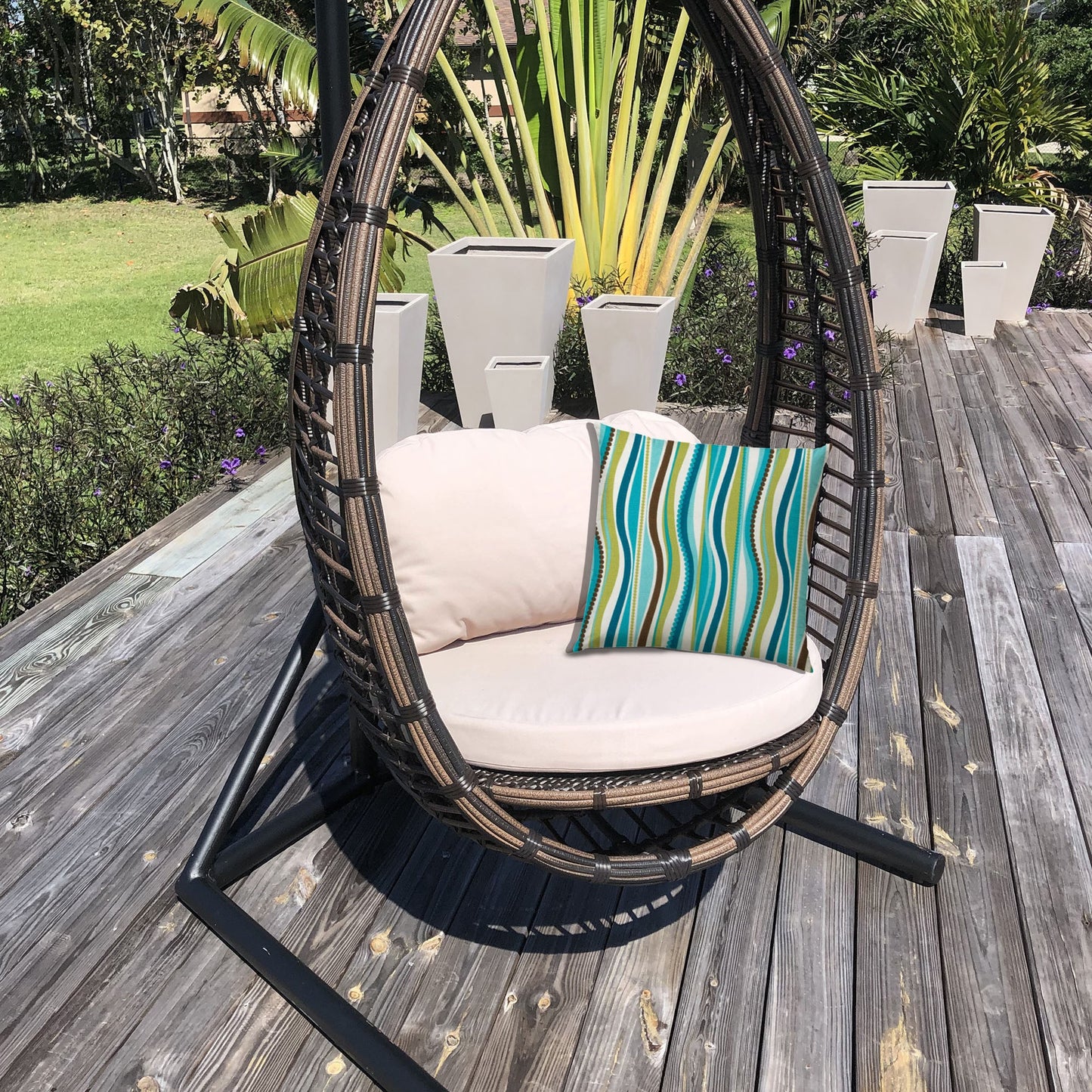 20" X 20" Aqua And Olive Blown Seam Striped Throw Indoor Outdoor Pillow