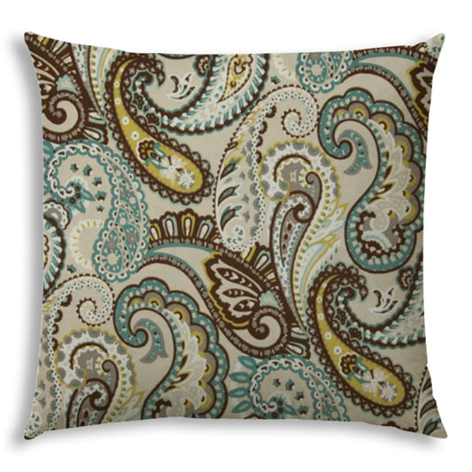 20" X 20" Brown And Teal Blown Seam Paisley Throw Indoor Outdoor Pillow