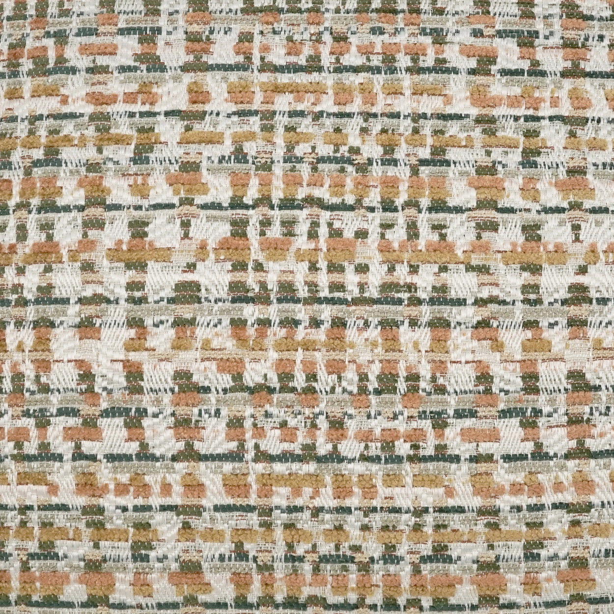 Close-up of tweed fabric in brown, olive green and cream threads with a speckled check pattern; upholstery or garments.