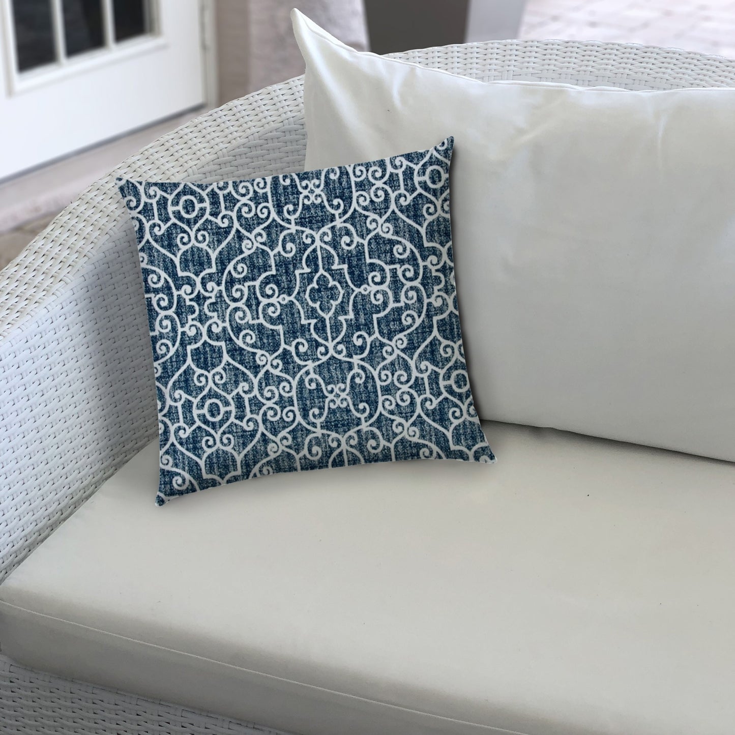 20" X 20" Indigo And Navy Blown Seam Stencil Throw Indoor Outdoor Pillow