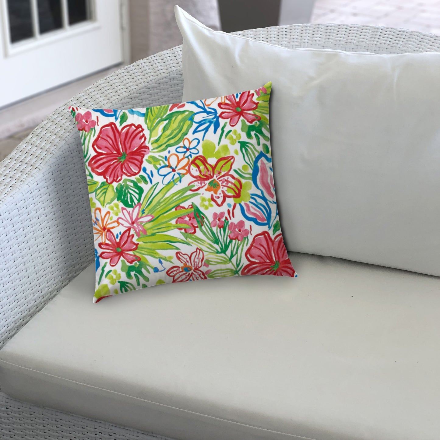 20" Green and White Floral Indoor Outdoor Throw Pillow Cover and Insert