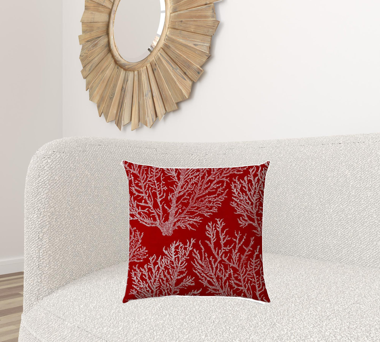 20" X 20" Red And White Corals Blown Seam Coastal Throw Indoor Outdoor Pillow