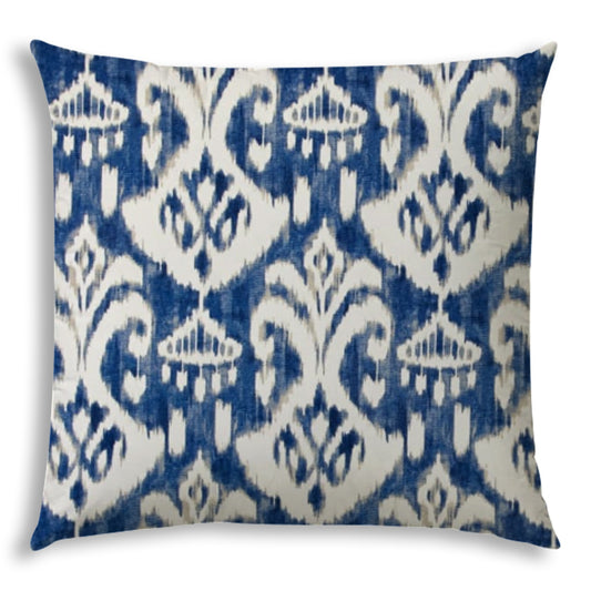 20" X 20" Indigo And Cream Blown Seam Ikat Throw Indoor Outdoor Pillow