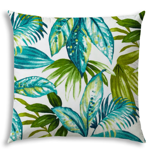 20" X 20" Teal And White Blown Seam Tropical Throw Indoor Outdoor Pillow