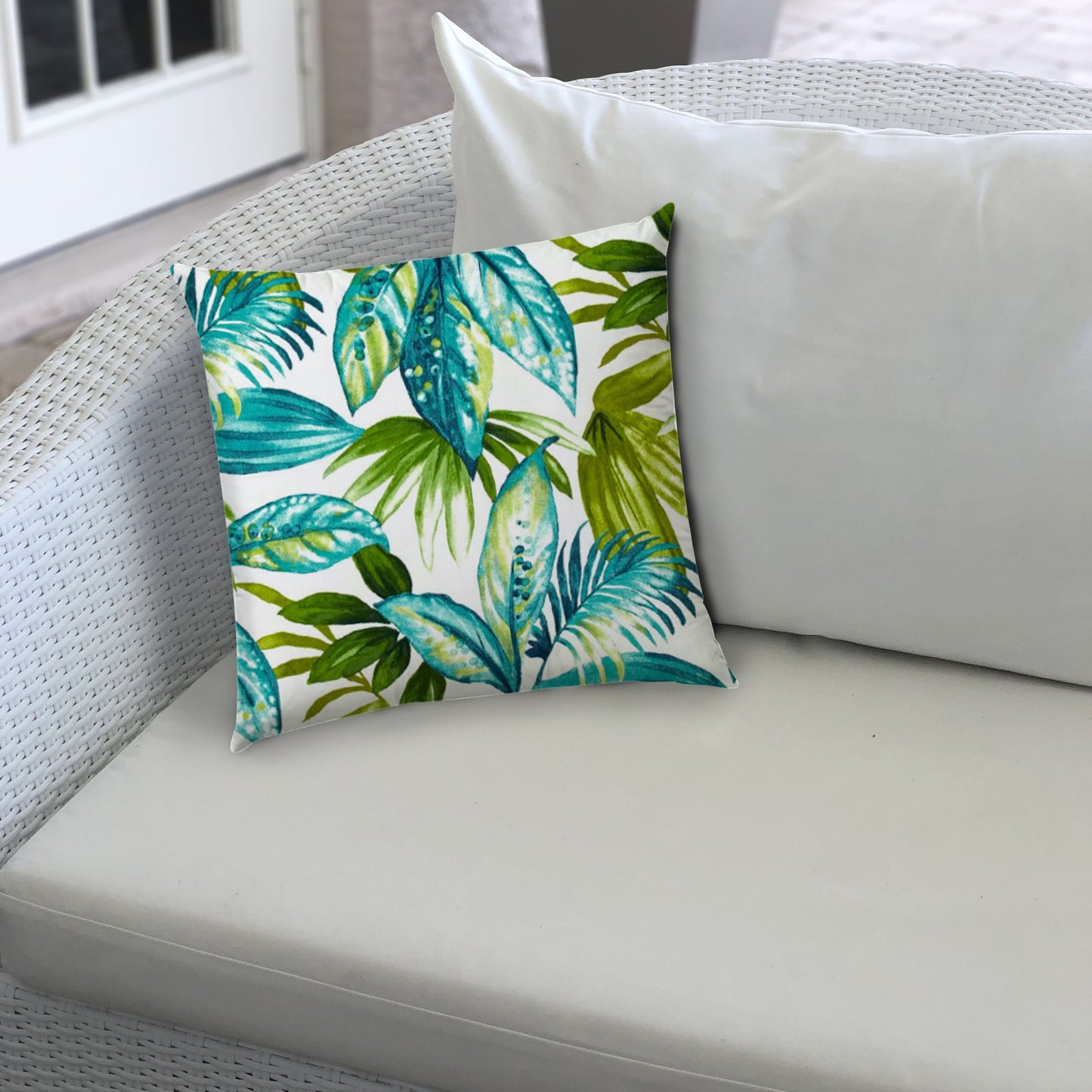 20" X 20" Teal And White Blown Seam Tropical Throw Indoor Outdoor Pillow