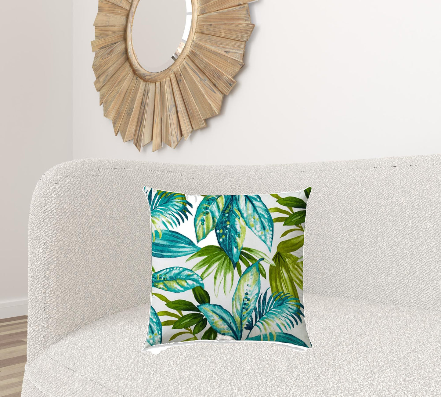 20" X 20" Teal And White Blown Seam Tropical Throw Indoor Outdoor Pillow