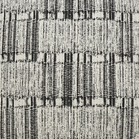 Gray tweed-style fabric with irregular black vertical streaks and a woven textured surface, upholstery material.