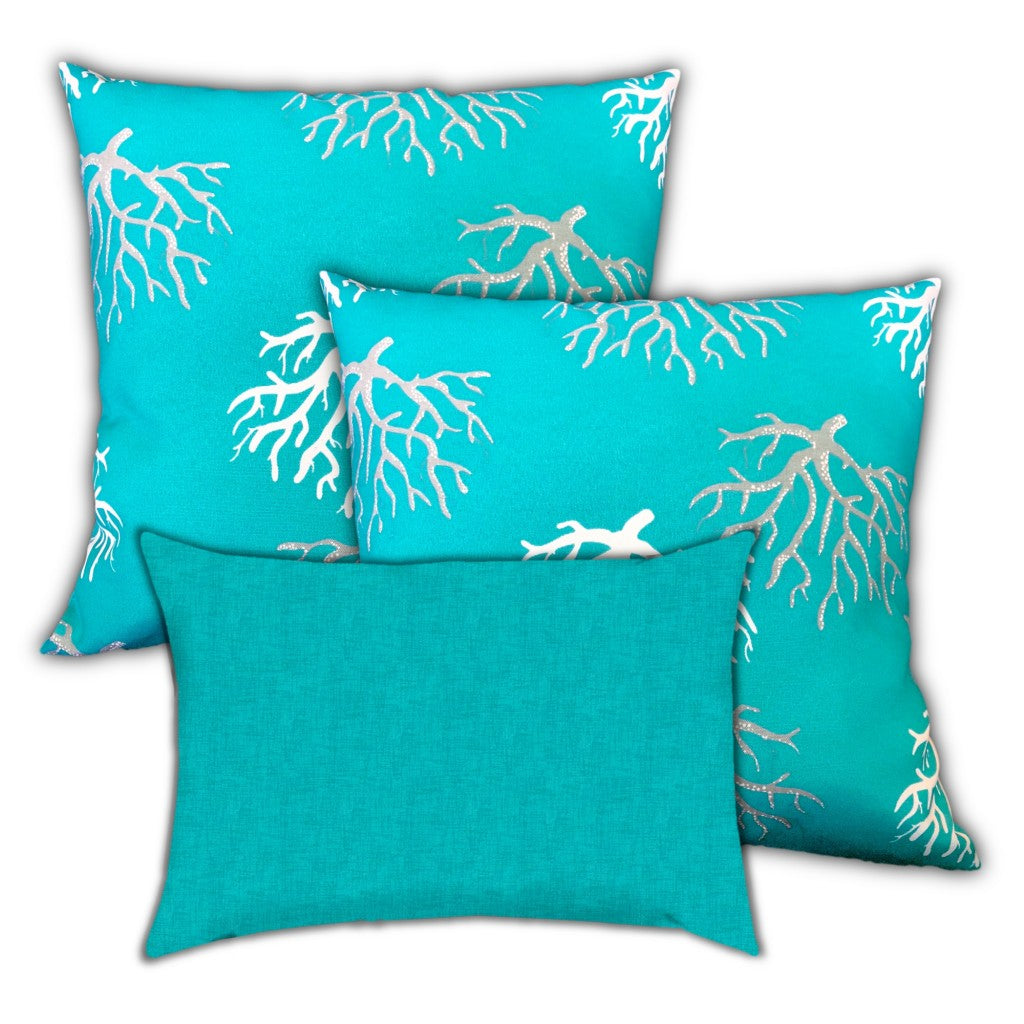 Set Of Three 18" X 18" Ocean Blue And White Corals Blown Seam Coastal Throw Indoor Outdoor Pillow