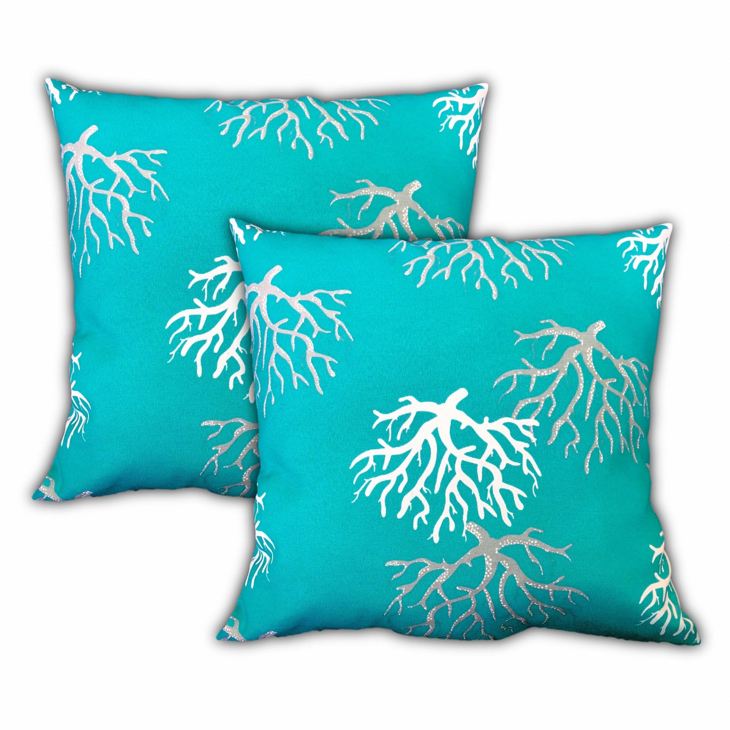 Set Of Three 18" X 18" Ocean Blue And White Corals Blown Seam Coastal Throw Indoor Outdoor Pillow