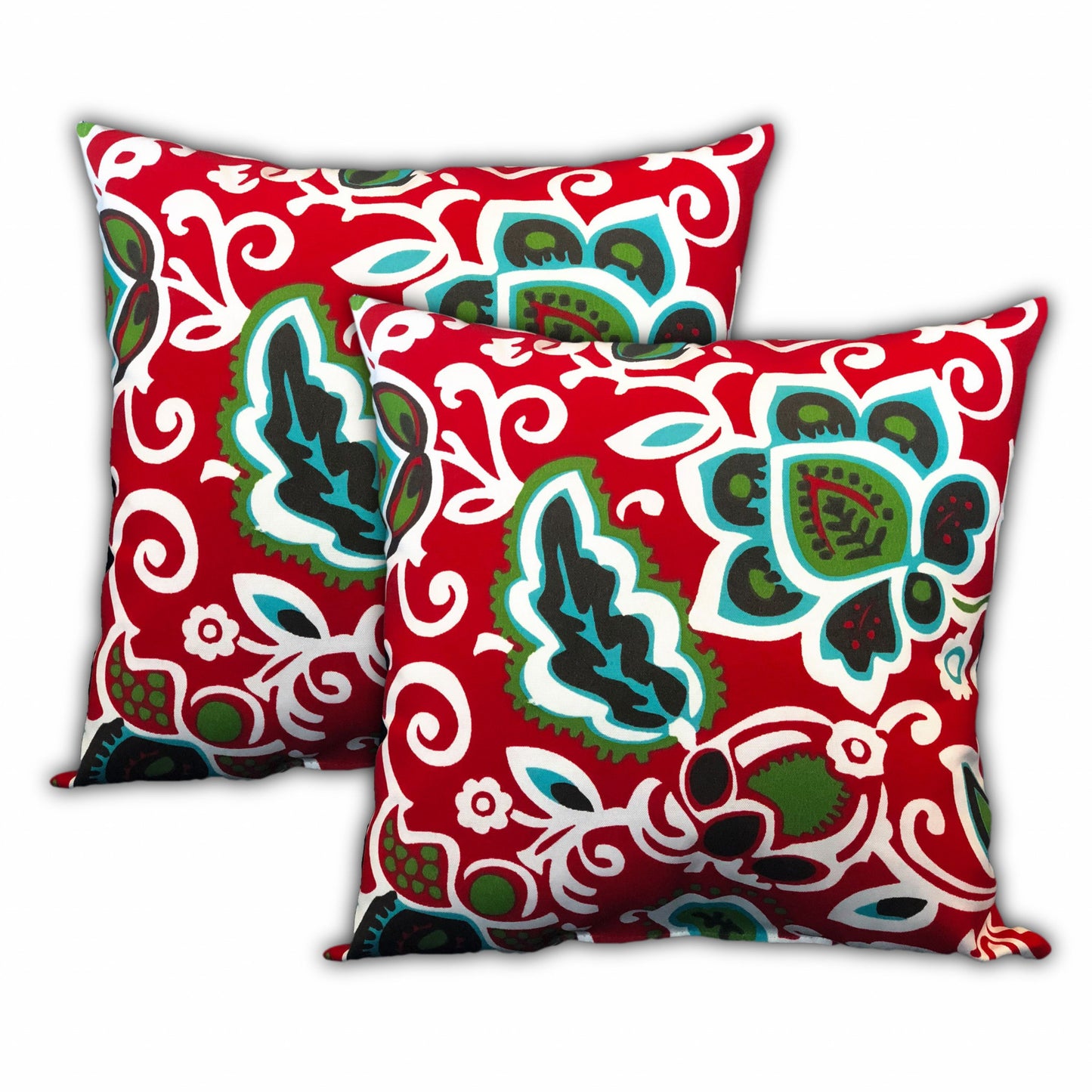 Set Of Three 18" X 18" Turquoise And Green Blown Seam Floral Throw Indoor Outdoor Pillow