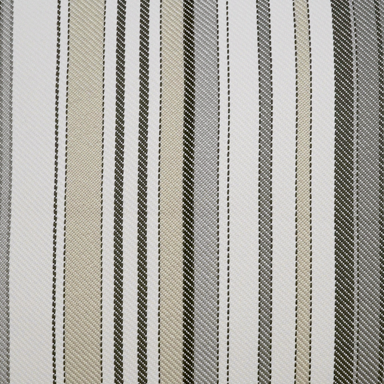 Vertical striped woven fabric in neutral beige, taupe, gray and black, textured for upholstery.